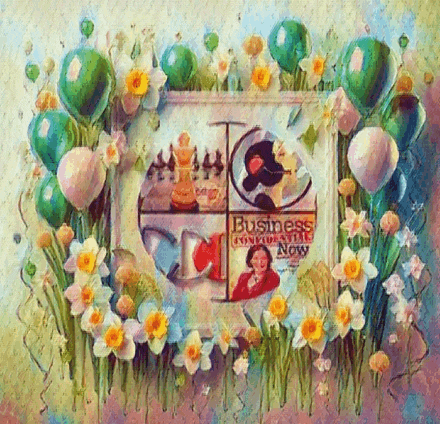 a painting of flowers and balloons surrounding a sign that says business world now