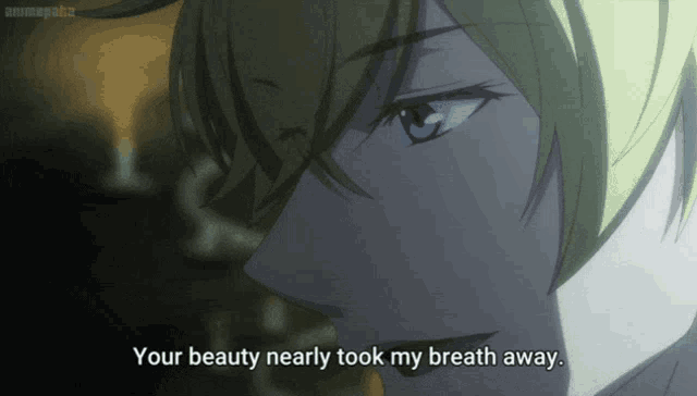 a close up of a person 's face with the words " your beauty nearly took my breath away "