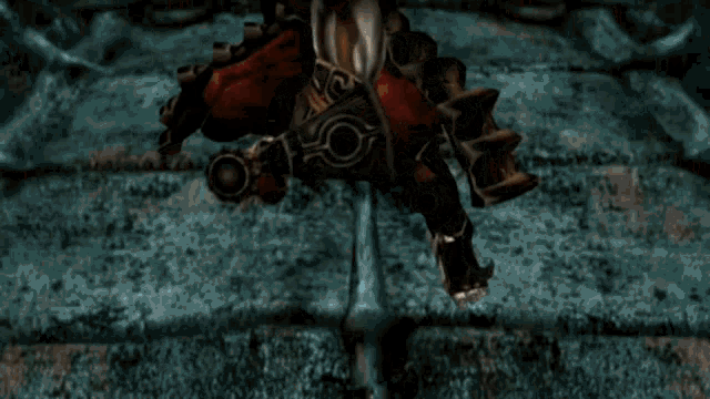a video game character is holding a red sword and shield and says " go marcellus "