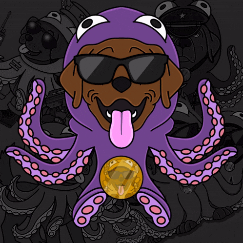 a cartoon dog wearing sunglasses and a purple octopus costume