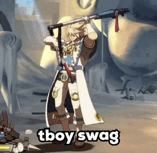 a cartoon character is holding a sword in his hand and says `` tboy swag '' .