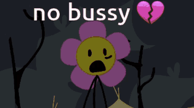 a cartoon flower with a broken heart and the words " no bussy " on it