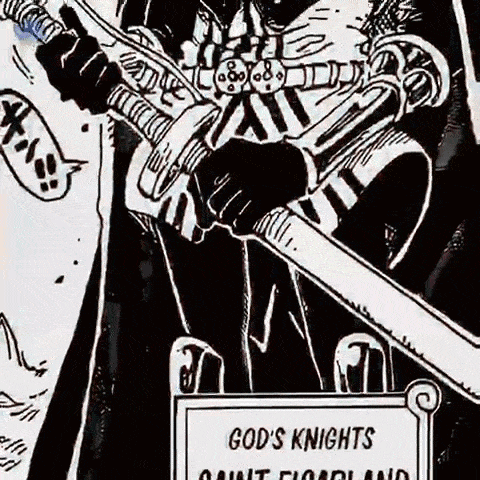 a black and white drawing of a person holding a sword and a sign that says god 's knights .