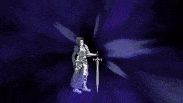 a man is holding a sword in a dark room with a purple background .