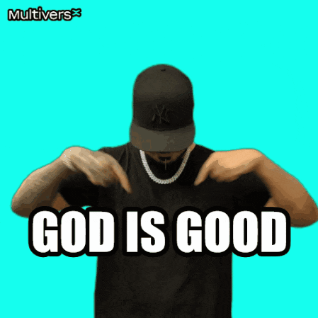 a man wearing a ny hat and a necklace says " god is good "