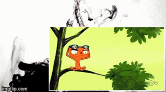 a cartoon character wearing goggles is sitting on a tree branch .