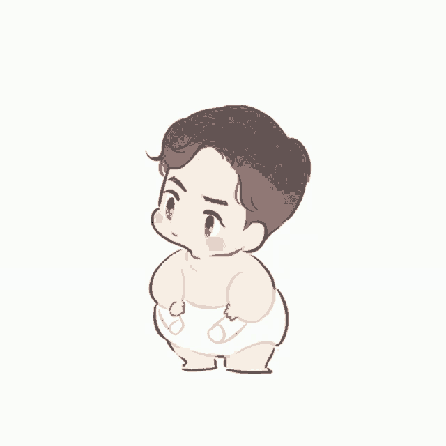 a cartoon drawing of a baby in a diaper with question marks around his head