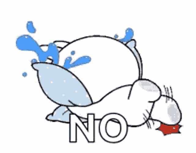 a cartoon duck is laying on its back with a pillow and the word no written on it .