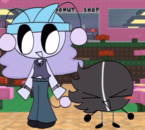 two cartoon characters are standing in front of a store called the donut shop