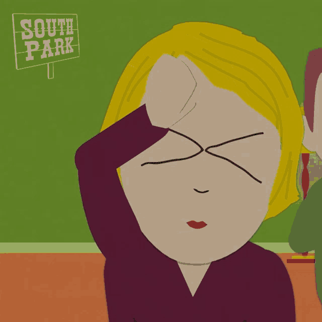 a cartoon of a woman with a sign that says south park