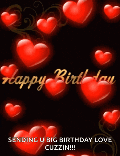 a happy birthday greeting card with red hearts on a black background