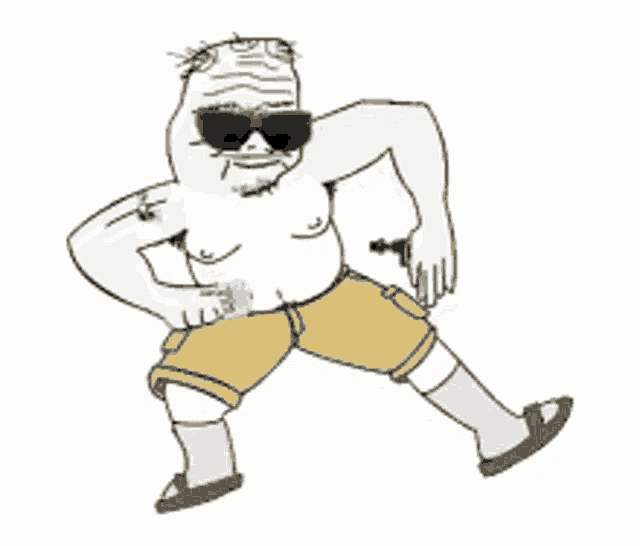 a cartoon of a shirtless man wearing sunglasses and flip flops