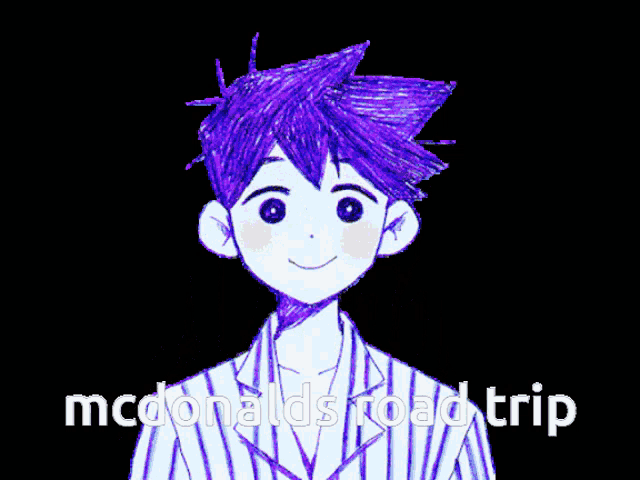 a group of anime characters standing next to each other with the words mcdonald 's road trip on the bottom right