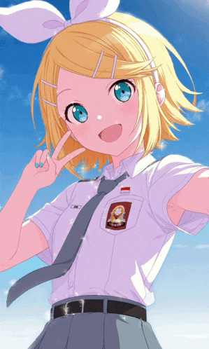 a girl with yellow hair and blue eyes is wearing a school uniform with a badge that says smp