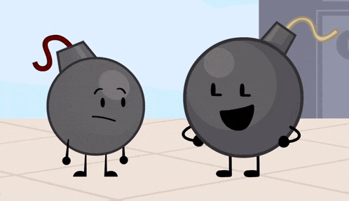 two cartoon bombs are standing next to each other and one has a surprised look on its face