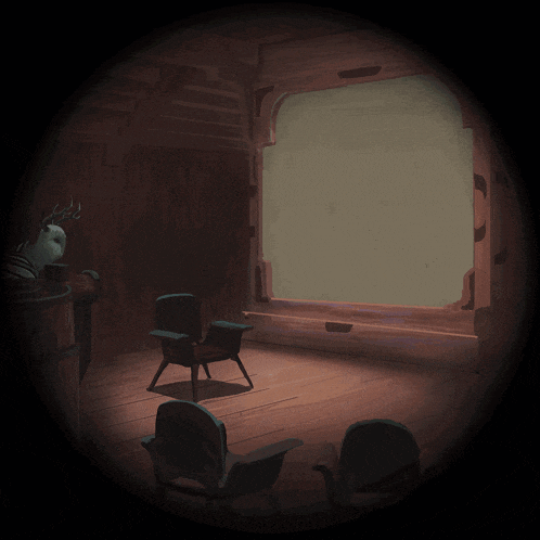 a painting of a room with a chair and a statue of a deer