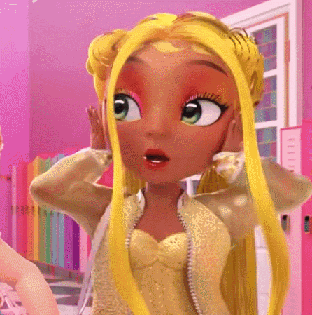a cartoon girl with yellow hair and green eyes is covering her ears with her hands in a pink room .