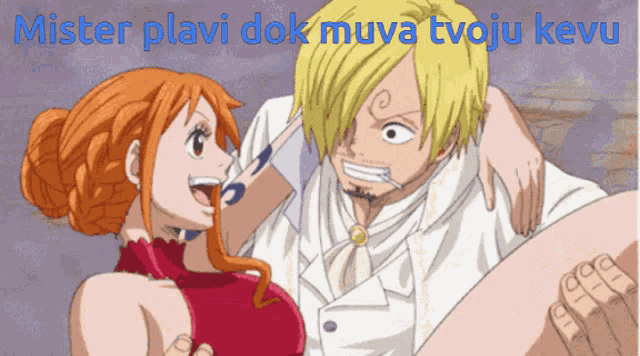 a cartoon of a man and a woman with the words mister plavi dok muva tvoju kevu above them