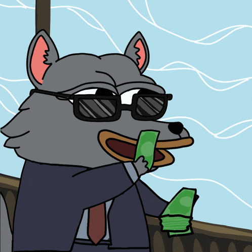 a cartoon of a wolf in a suit and tie holding a stack of money
