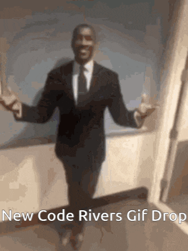a man in a suit and tie is standing with his arms outstretched and the words new code rivers gif drop written above him