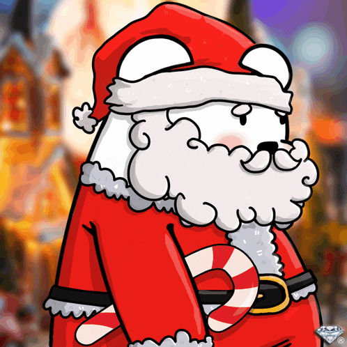 a cartoon of santa claus holding a candy cane with a diamond logo in the corner