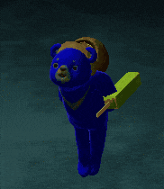 a blue teddy bear is flying through the air holding a green ice cream cone