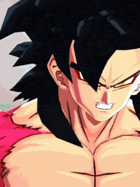 a close up of a cartoon character with a red shirt and black hair