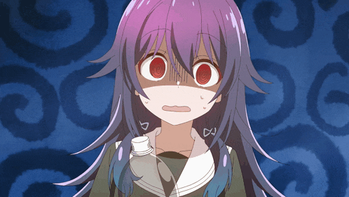 a girl with purple hair is holding a bottle