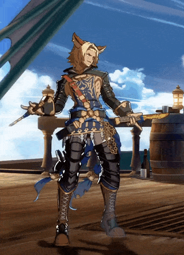 a cartoon character is holding a sword and a spear