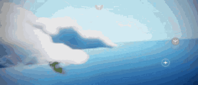 a video game is being played on a phone with a small island in the middle of the ocean surrounded by clouds .