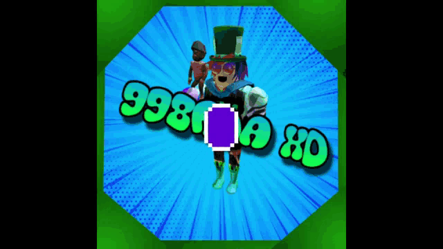a cartoon character with a green top hat and purple hair stands in front of a blue and green background that says 99810