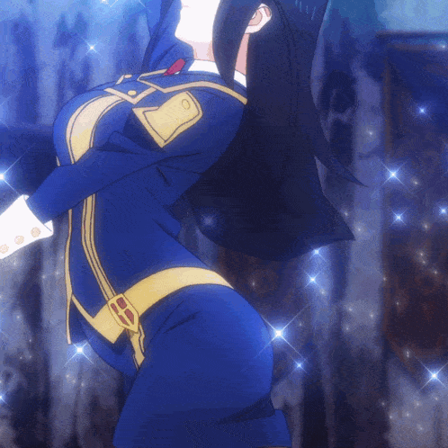 a girl in a blue and gold outfit with a belt that says ' a ' on it
