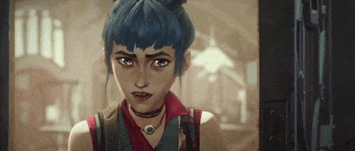 a girl with blue hair is standing in a doorway looking at the camera