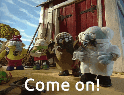a group of stuffed animals are standing in front of a red barn with the words come on written on the bottom