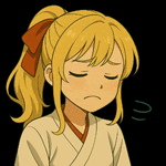 a girl with blonde hair and a red bow in her hair is making a sad face with her eyes closed