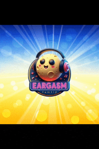 a logo for eargasm family shows a smiling moon with headphones on