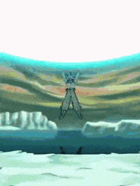a cartoon character is flying through the air in front of a mountain