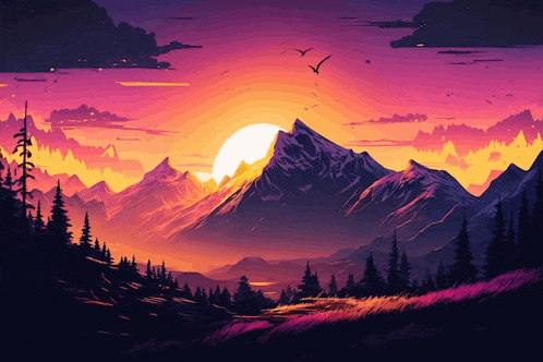 a painting of a sunset with mountains and trees