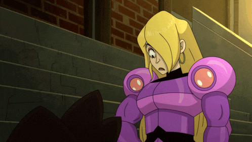 a cartoon of a woman in a purple armor