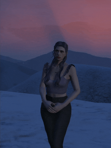 a woman in a purple top stands in the snow