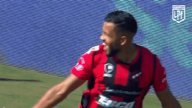 a man in a red and black soccer jersey is celebrating a goal on a field .