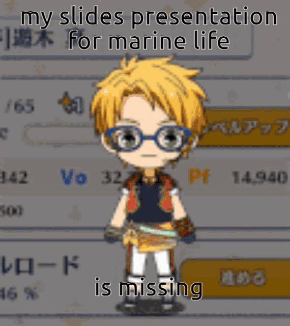 a cartoon of a boy with glasses holding pink pom poms with the words " my slides presentation for marine life is missing " below him