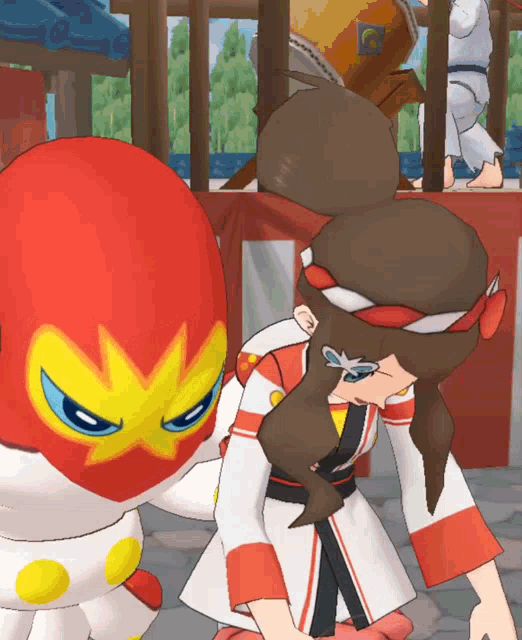 a cartoon character with a red and yellow mask is standing next to another character
