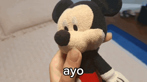 a person holding a stuffed mickey mouse with the word ayo written on it