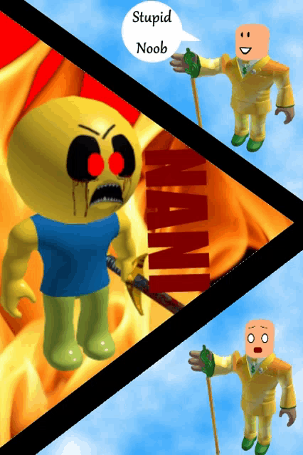 a cartoon character with a speech bubble that says stupid noob on it