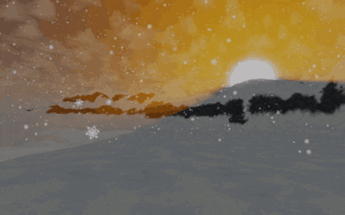 a sunset over a snowy mountain with snowflakes falling