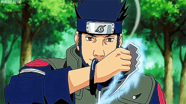 a man with a headband with the letter g on it holds a knife