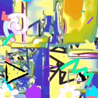 a colorful drawing with a triangle and a skull