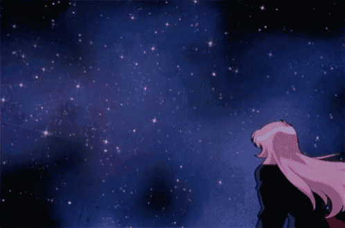 a girl with pink hair looks up at the stars in the night sky