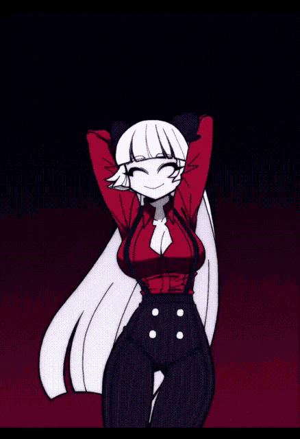 a cartoon character with white hair and red eyes is dancing
